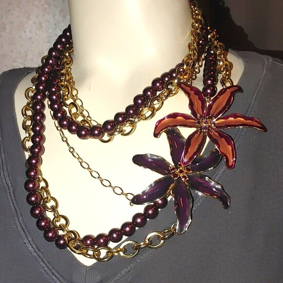 Orchid Necklace Large 3 Strand Vintage Purple Beaded Gold Chain Enamel Flower - Picture 1 of 11